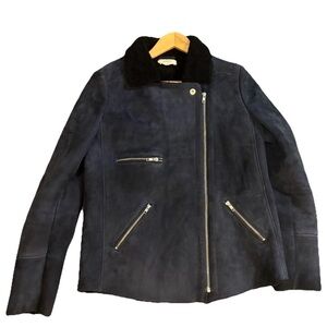 ba&sh Coberto Shearling Lined Suede Moto Jacket Navy Blue Leather Size 1 Small
